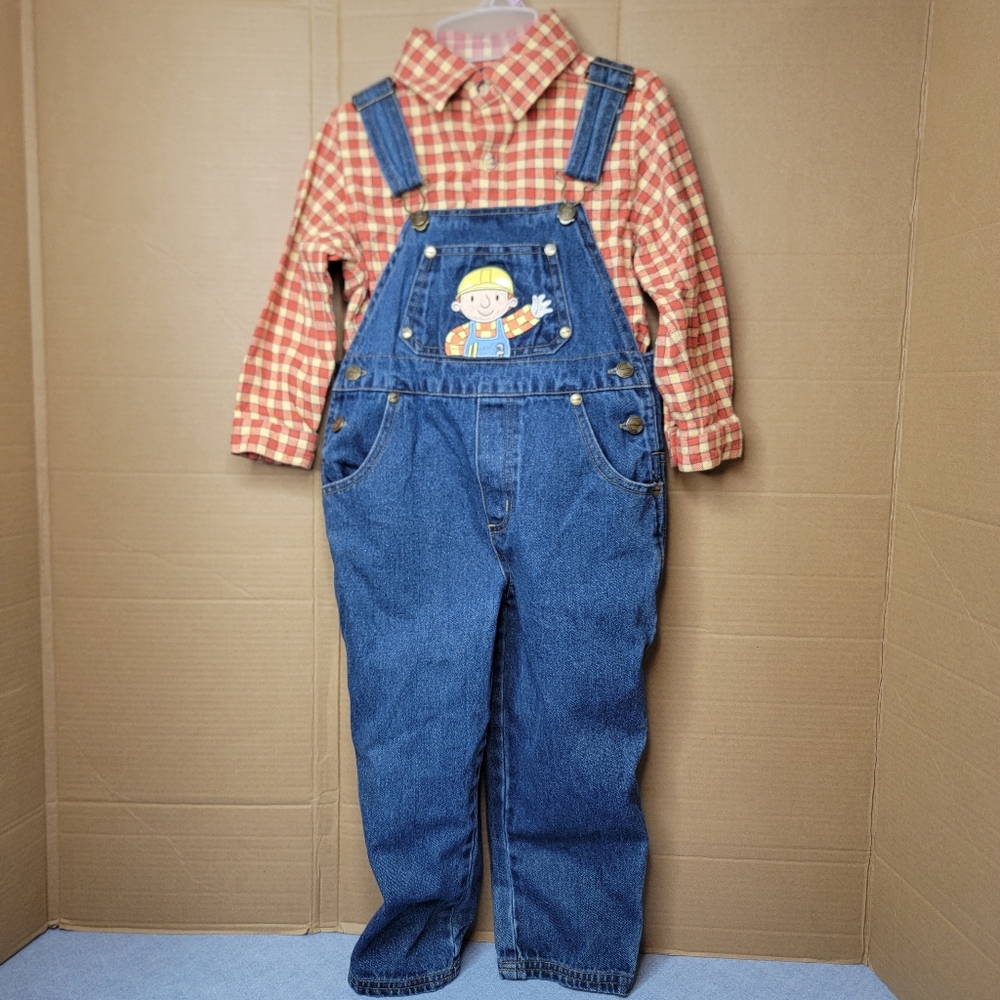 Vintage Bob The Builder Overalls Flannel Shirt Set 3T Y2k Kids Toddler Outfit